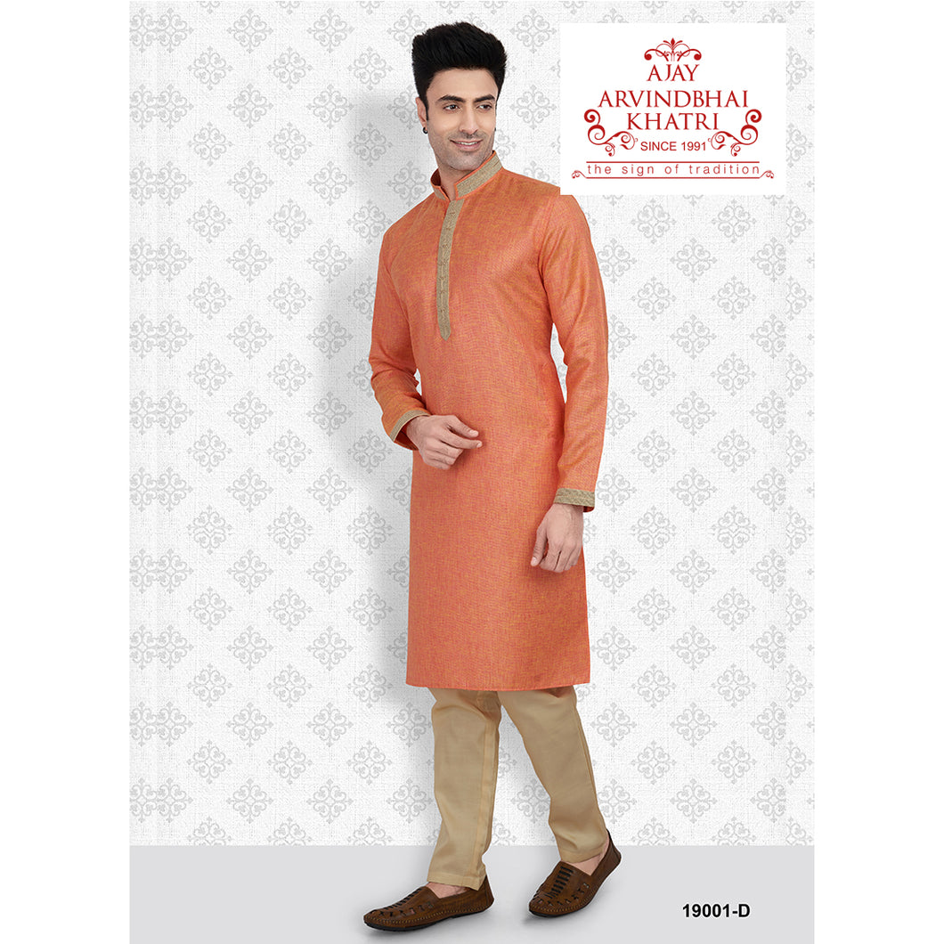 Ajay Arvindbhai Khatri Men's Neck Work Gajari Color Kurta with Pyjama Set