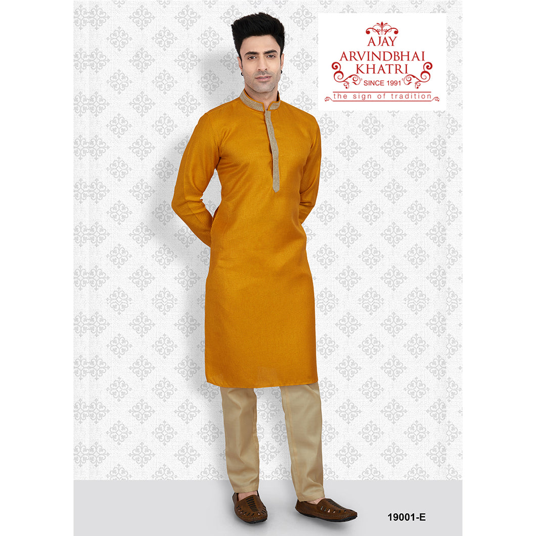 Ajay Arvindbhai Khatri Men's Neck Work Gold Color Kurta with Pyjama Set