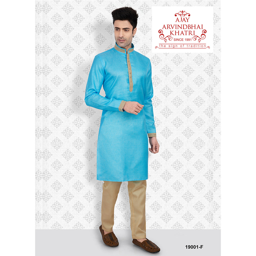 Ajay Arvindbhai Khatri Men's Neck Work Sky Blue Color Kurta with Pyjama Set