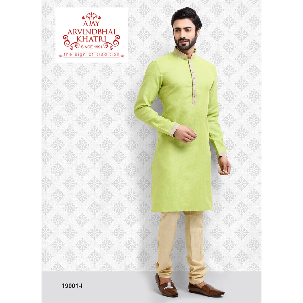 mens parrot green color kurta pajama set