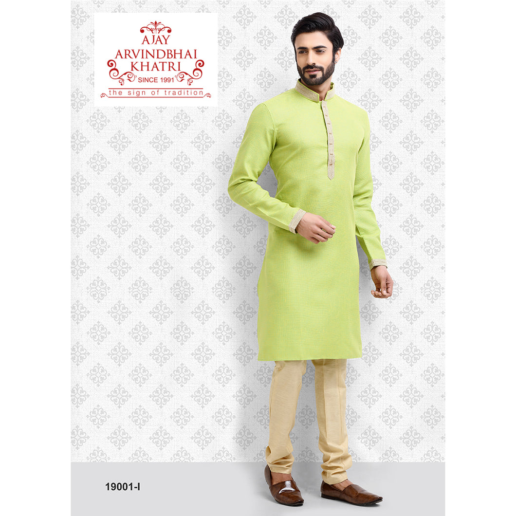 Ajay Arvindbhai Khatri Men's Neck Work Parrot Green Color Kurta with Pyjama Set