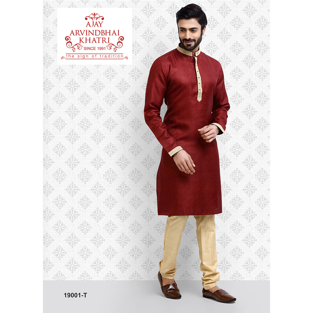 Ajay Arvindbhai Khatri Men's Neck Work Maroon Color Kurta with Pyjama Set
