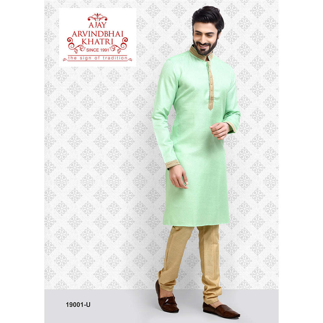 Ajay Arvindbhai Khatri Men's Neck Work See Green Color Kurta with Pyjama Set