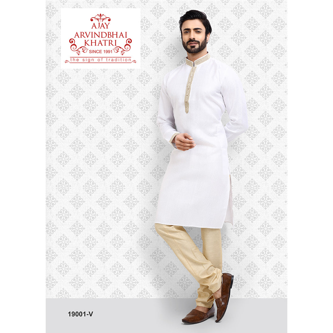 Ajay Arvindbhai Khatri Men's Neck Work White Color Kurta with Pyjama Set