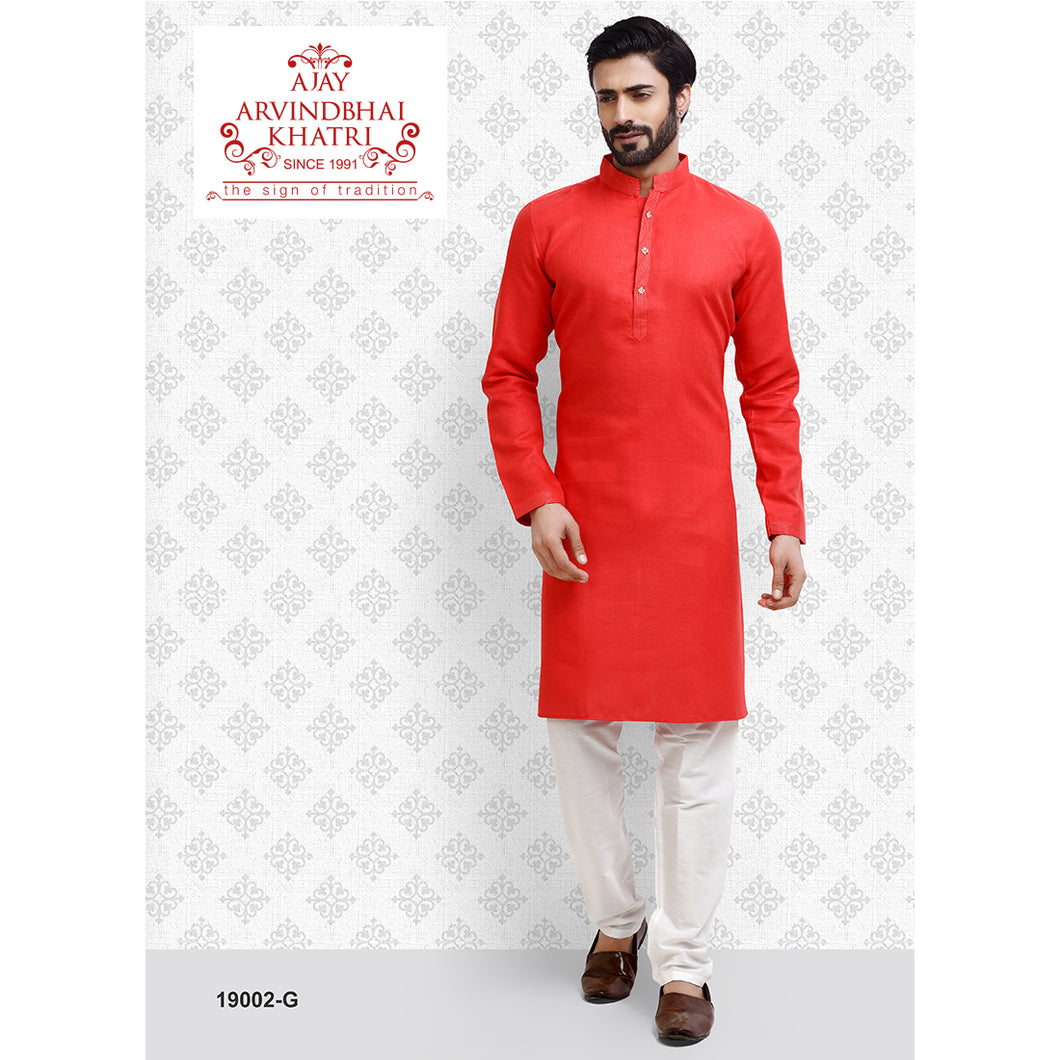 Ajay Arvindbhai Khatri Men's Tomato Colour Kurta & White Pyjama Set