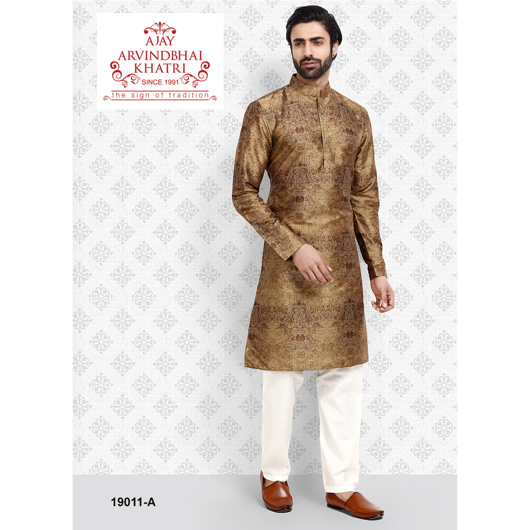 Ajay Arvindbhai Khatri Men's Brown Print Kurta & Pyjama Set