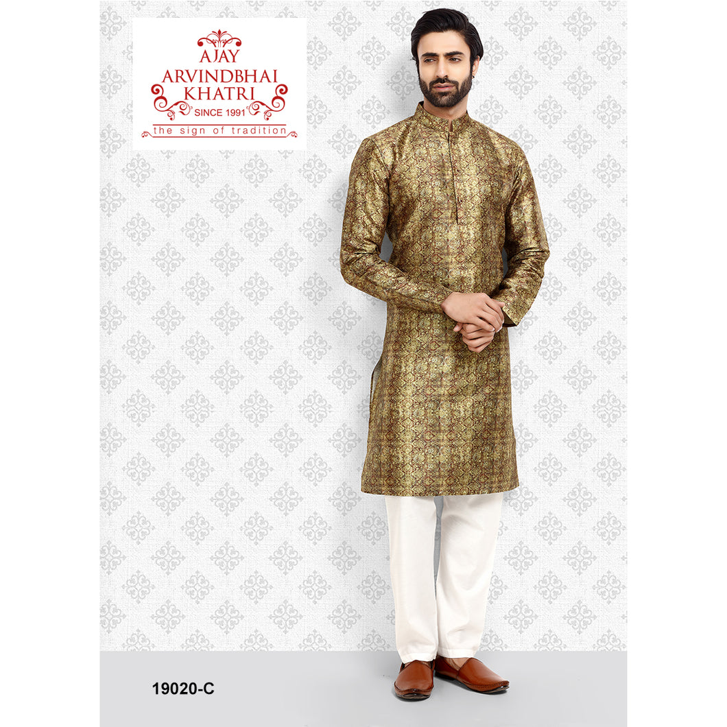 mens mehndi color printed kurta pajama set
