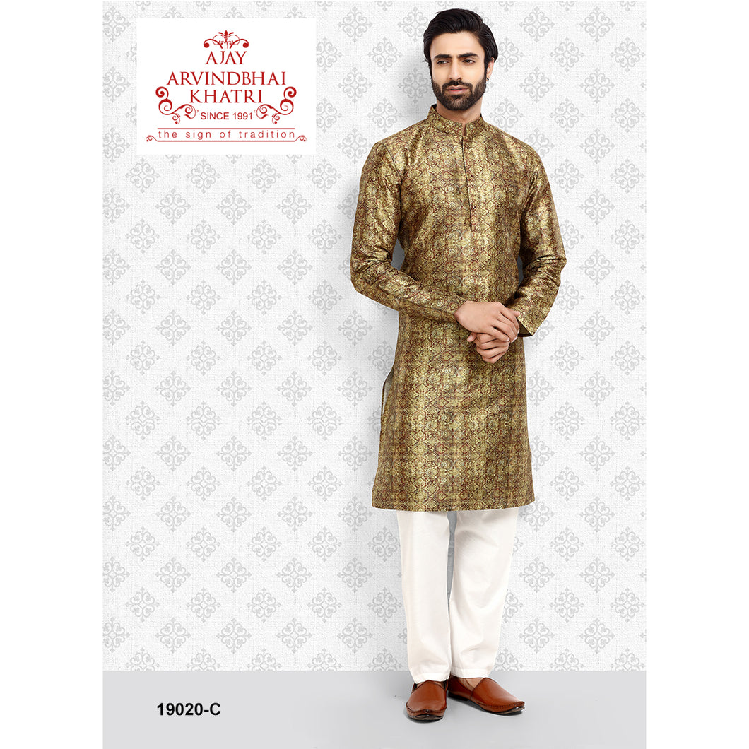 Ajay Arvindbhai Khatri Men's Mehndi Colour Print Kurta & Pyjama Set