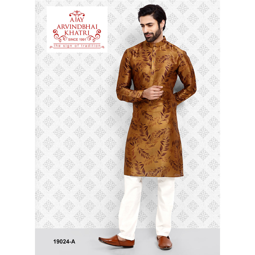 Ajay Arvindbhai Khatri Men's Gold Colour Print Kurta & Pyjama Set