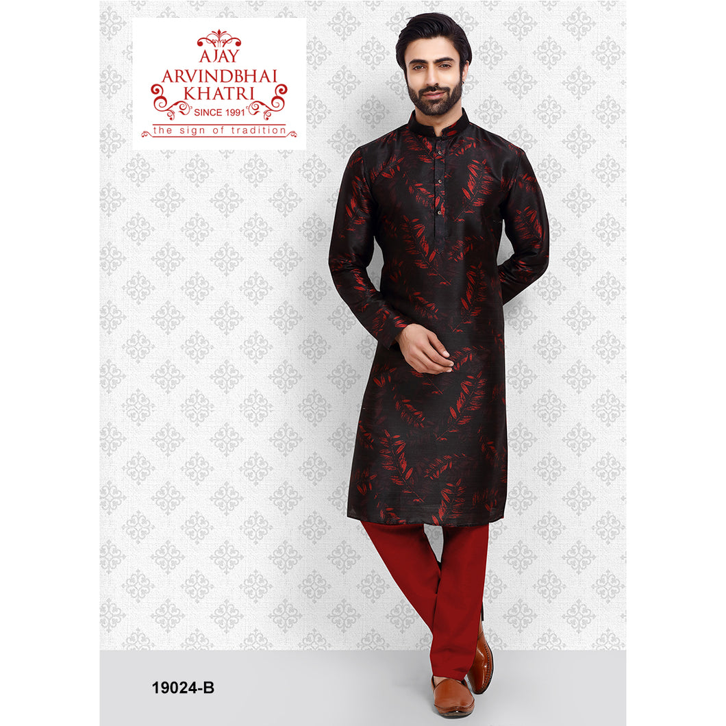 Ajay Arvindbhai Khatri Men's Black Colour Print Kurta & Pyjama Set