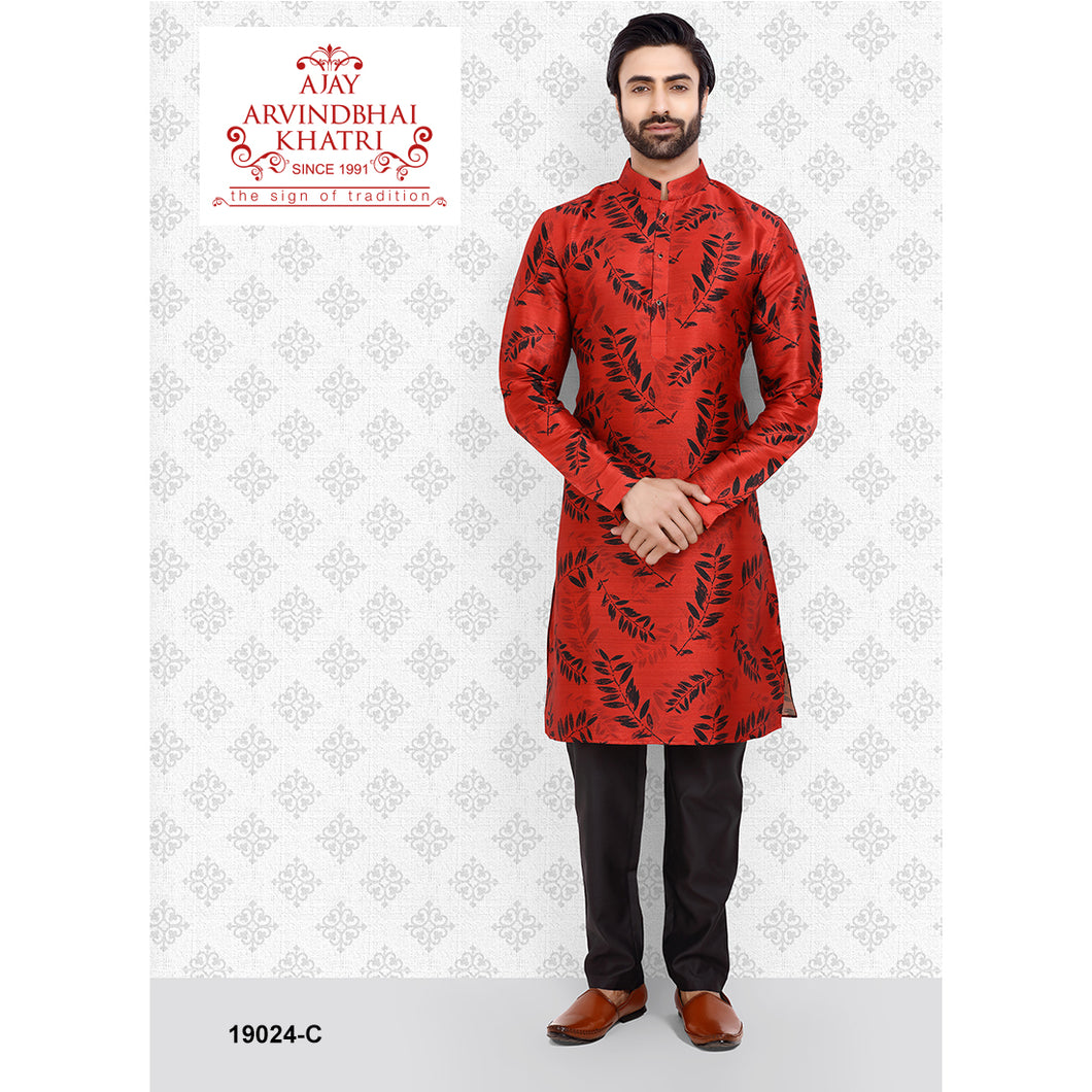 Ajay Arvindbhai Khatri Men's Red Colour Print Kurta & Pyjama Set