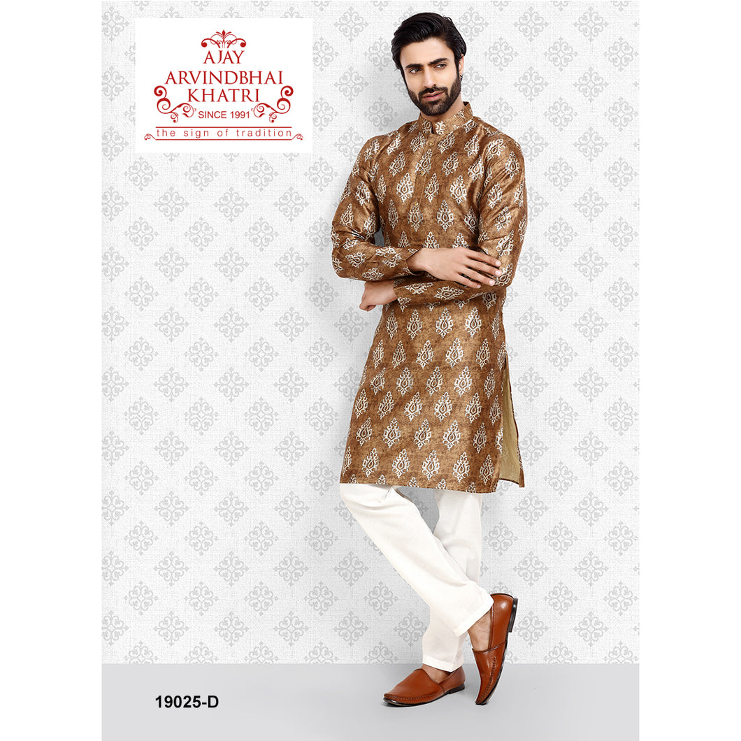 Ajay Arvindbhai Khatri Men's Brown Colour Print Kurta & Pyjama Set