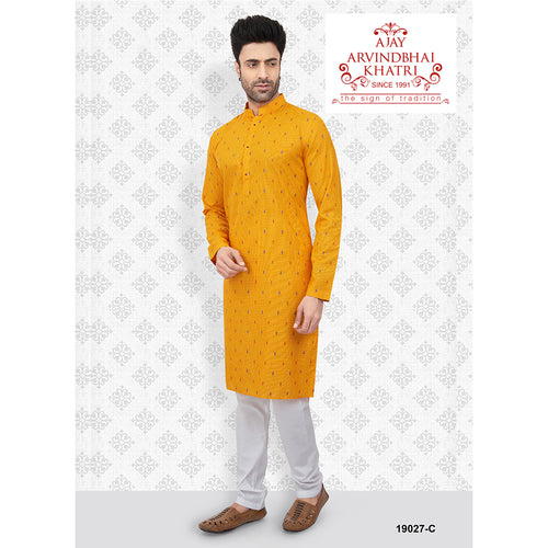 mens yellow orange color printed kurta pajama set