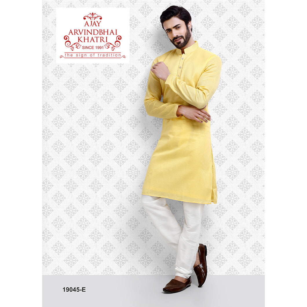 Ajay Arvindbhai Khatri Men's Yellow Colour Kurta & White Pyjama Set