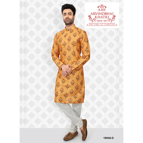 mens mustard color printed kurta pajama set
