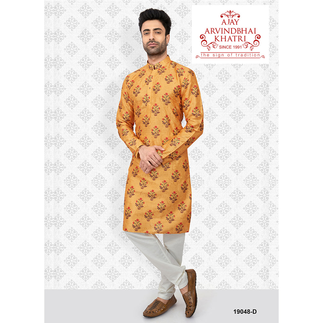 Ajay Arvindbhai Khatri Men's Yellow Print Kurta & Pyjama Set