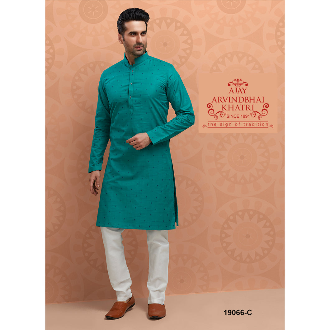 Ajay Arvindbhai Khatri Men's Rama Color Cotton Kurta with Pyjama Set