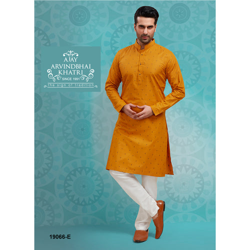 mens orange color cotton kurta pajama set
