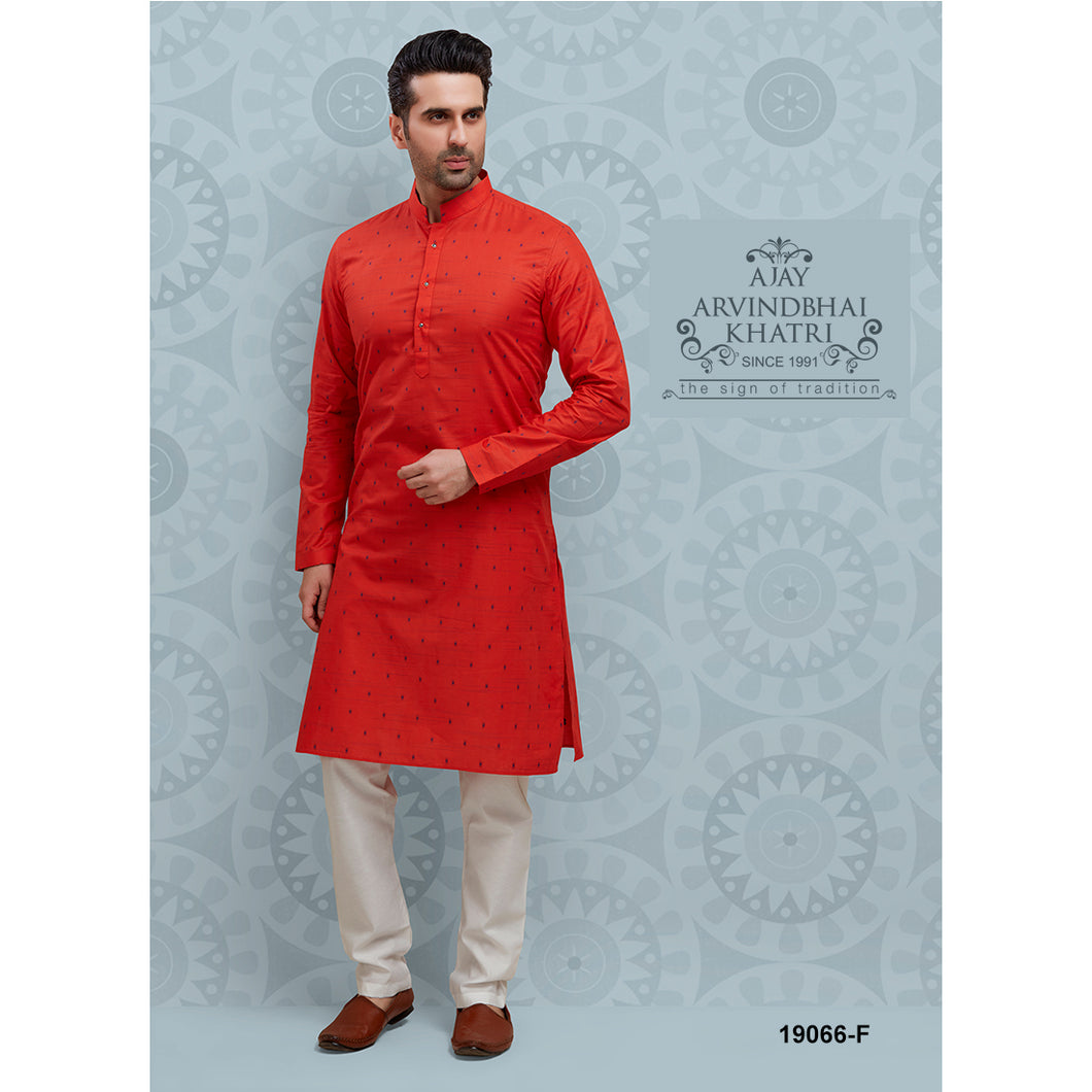 Ajay Arvindbhai Khatri Men's Tomato Color Cotton Kurta with Pyjama Set