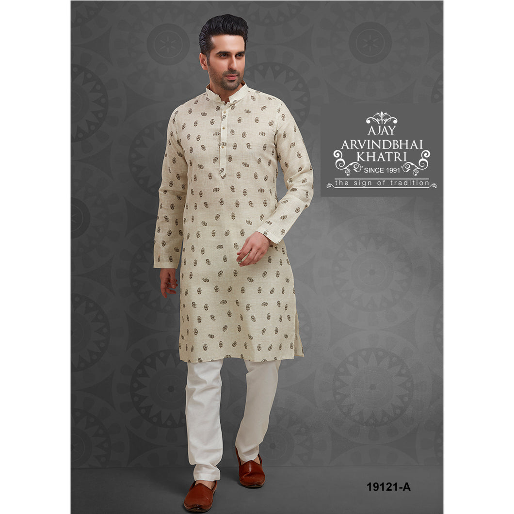 Ajay Arvindbhai Khatri Men's Cream Color Cotton Kurta with Pyjama Set