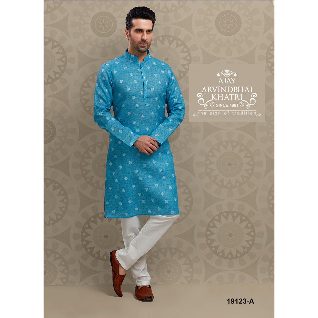 Ajay Arvindbhai Khatri Men's Blue Color Cotton Kurta with Pyjama Set