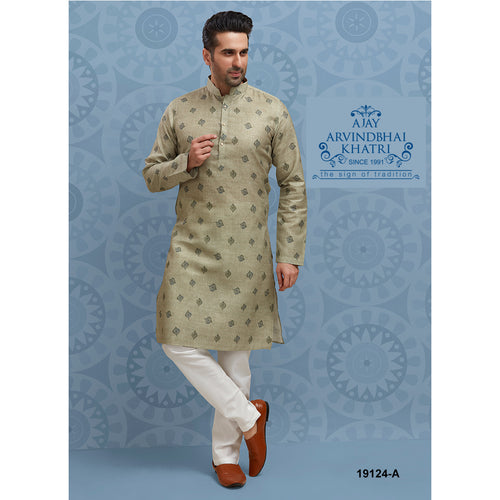 mens pista green colour printed kurta pajama set