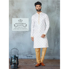 Load image into Gallery viewer, Ajay Arvindbhai Khatri Men&#39;s Plain Buti White Color Cotton Kurta with Pyjama Set
