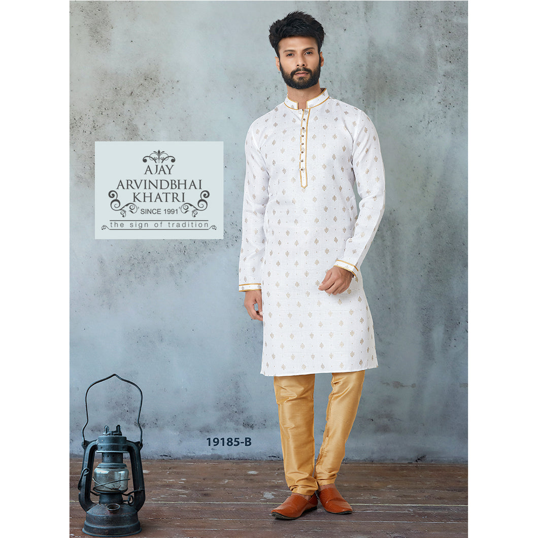 Ajay Arvindbhai Khatri Men's Plain Buti White Color Cotton Kurta with Pyjama Set