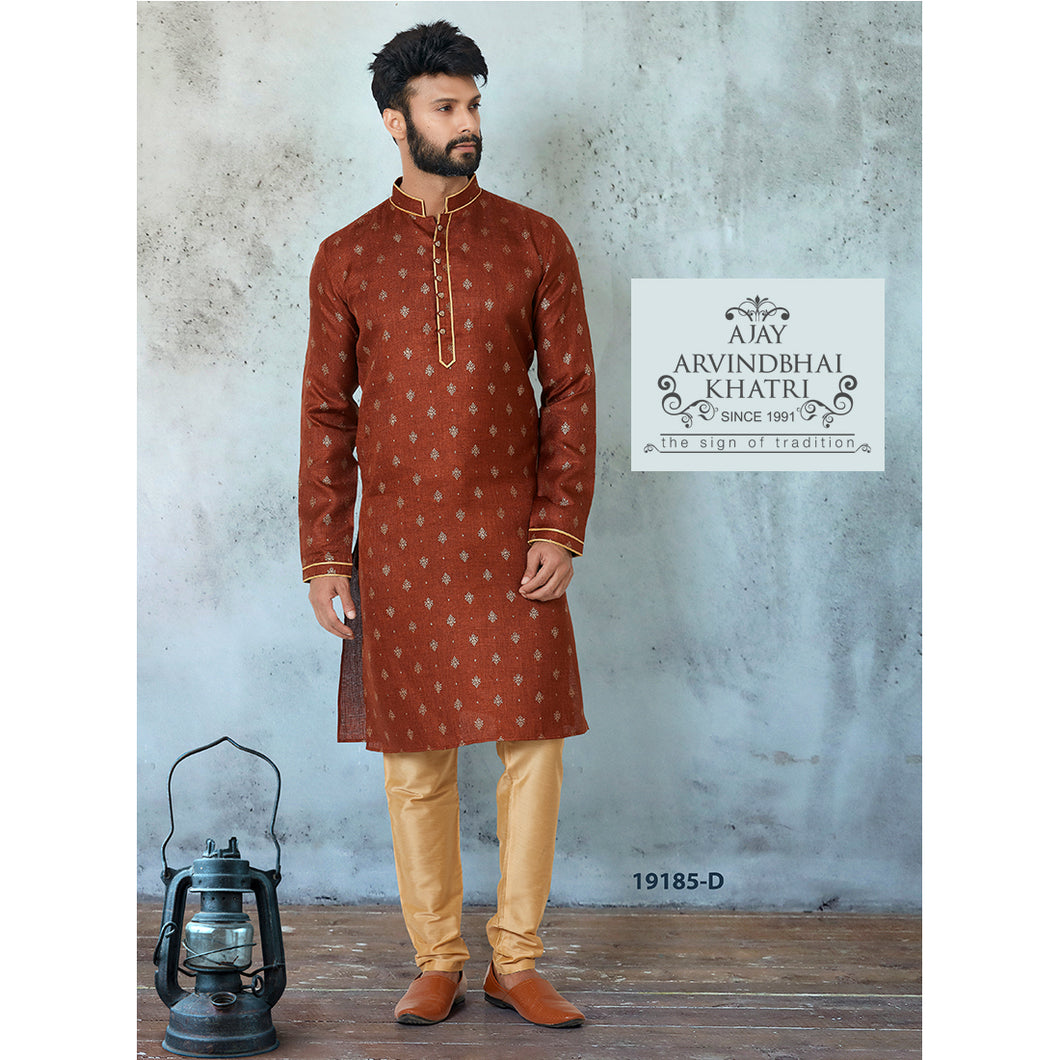 Ajay Arvindbhai Khatri Men's Plain Buti Brown Color Cotton Kurta with Pyjama Set