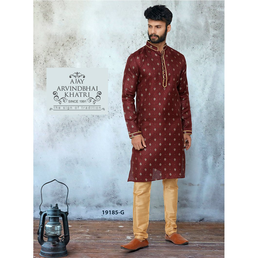 Ajay Arvindbhai Khatri Men's Plain Buti Maroon Color Cotton Kurta with Pyjama Set