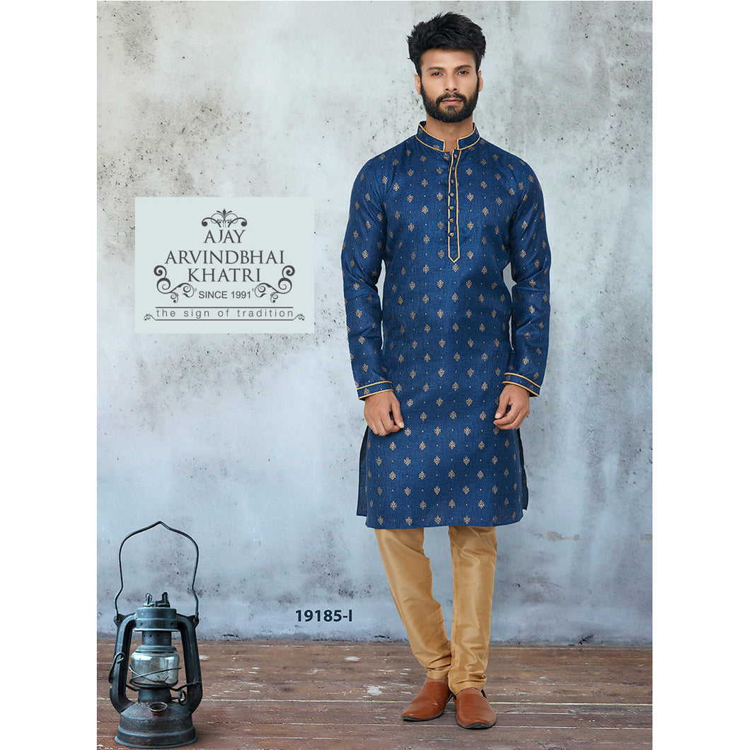 Ajay Arvindbhai Khatri Men's Plain Buti Navy Blue Color Cotton Kurta with Pyjama Set