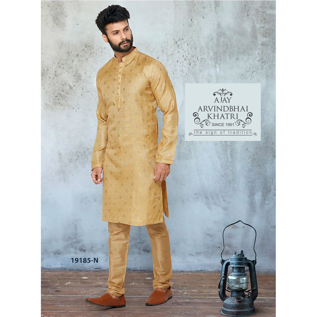 Ajay Arvindbhai Khatri Men's Plain Buti Gold Color Cotton Kurta with Pyjama Set