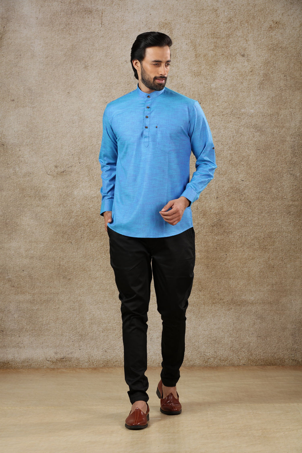 Ajay Arvindbhai Khatri Men's Blue Full Sleeve Cotton Short Kurta With Pocket