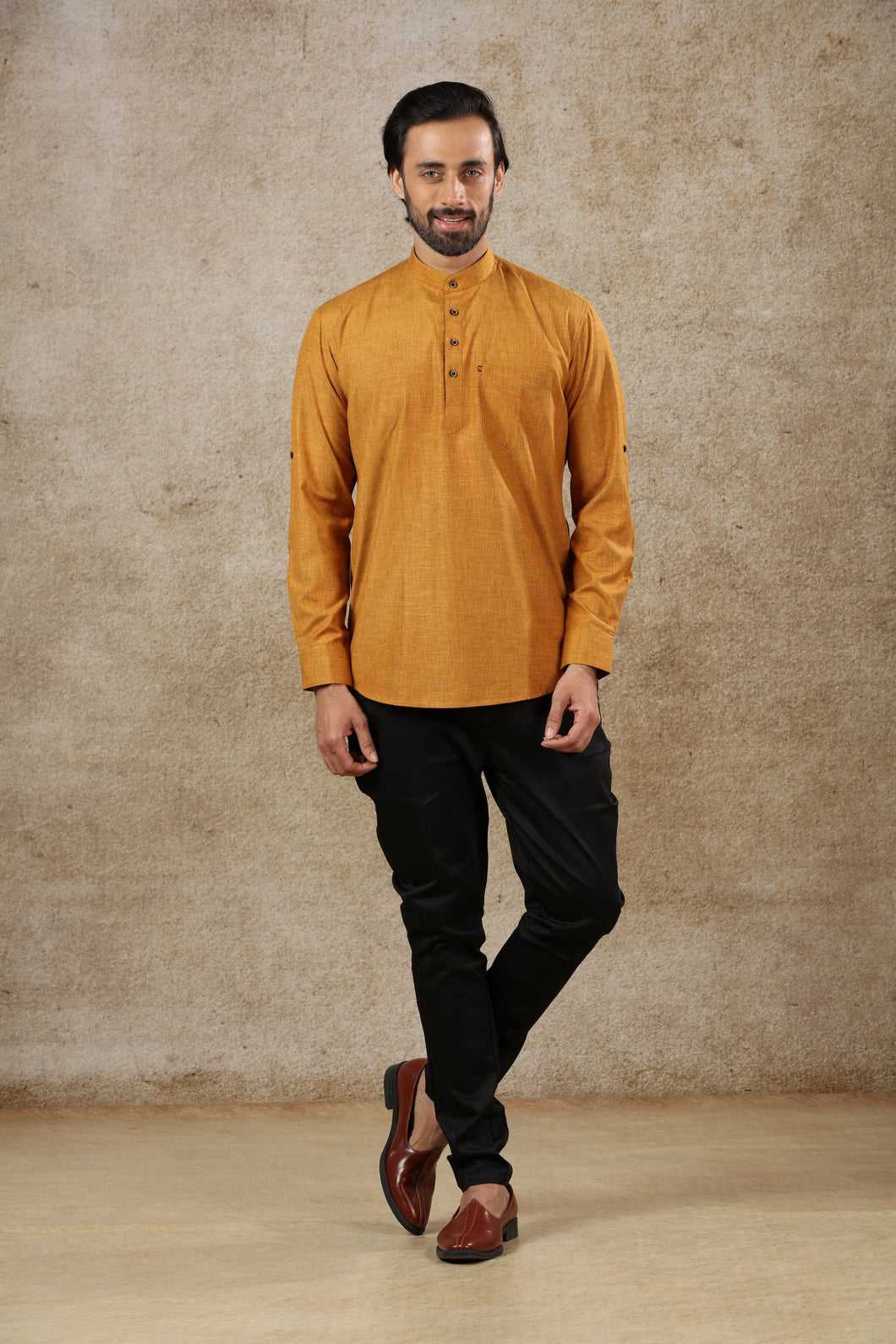 mens mustard color cotton short kurta