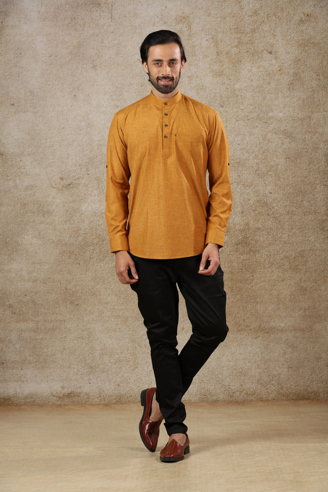 Ajay Arvindbhai Khatri Men's Mustered Full Sleeve Cotton Short Kurta With Pocket