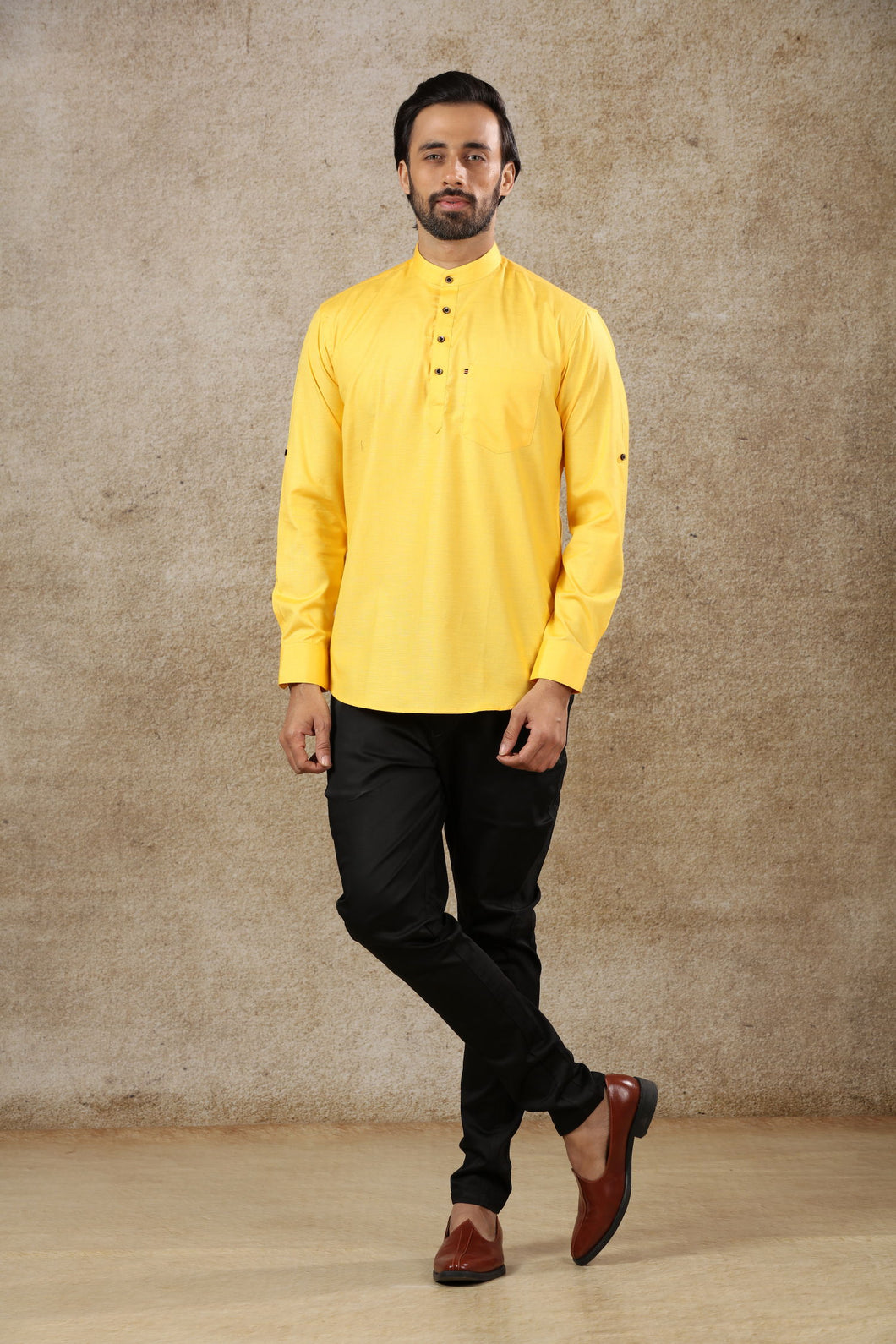 Ajay Arvindbhai Khatri Men's Yellow Full Sleeve Cotton Short Kurta With Pocket