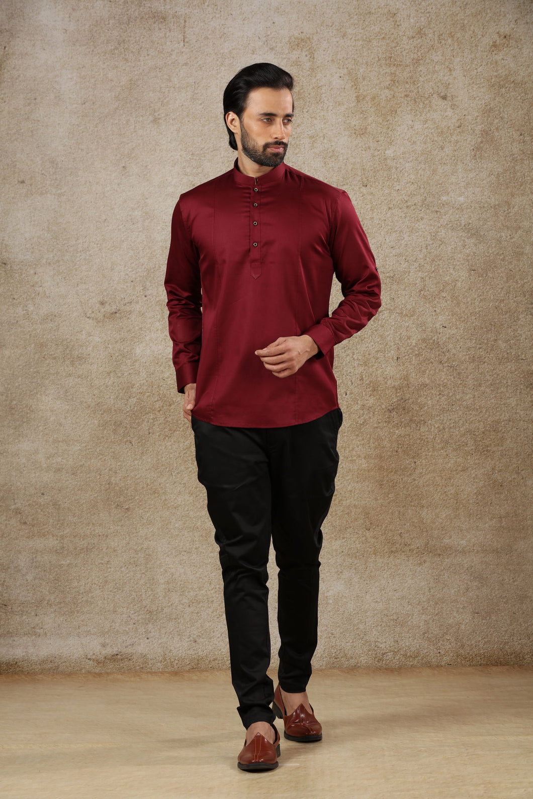 Ajay Arvindbhai Khatri Men's Maroon Full Sleeve Cotton Short Kurta