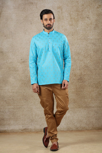 mens firoji color cotton short kurta