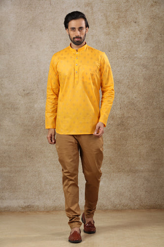 mens yellow color cotton printed short kurta
