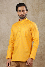Load image into Gallery viewer, Ajay Arvindbhai Khatri Men&#39;s Yellow Full Sleeve Printed Cotton Short Kurta With Pocket
