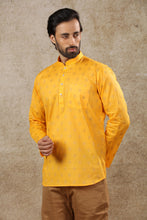 Load image into Gallery viewer, Ajay Arvindbhai Khatri Men&#39;s Yellow Full Sleeve Printed Cotton Short Kurta With Pocket
