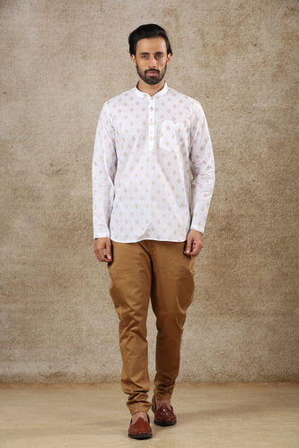 mens white color cotton printed short kurta