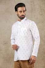Load image into Gallery viewer, Ajay Arvindbhai Khatri Men&#39;s White Full Sleeve Printed Cotton Short Kurta With Pocket
