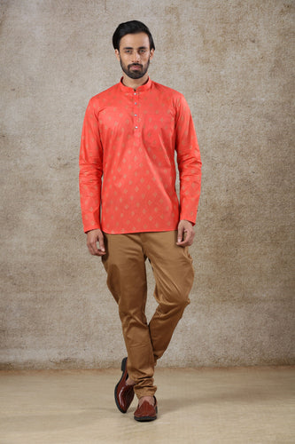 mens orange color cotton short kurta