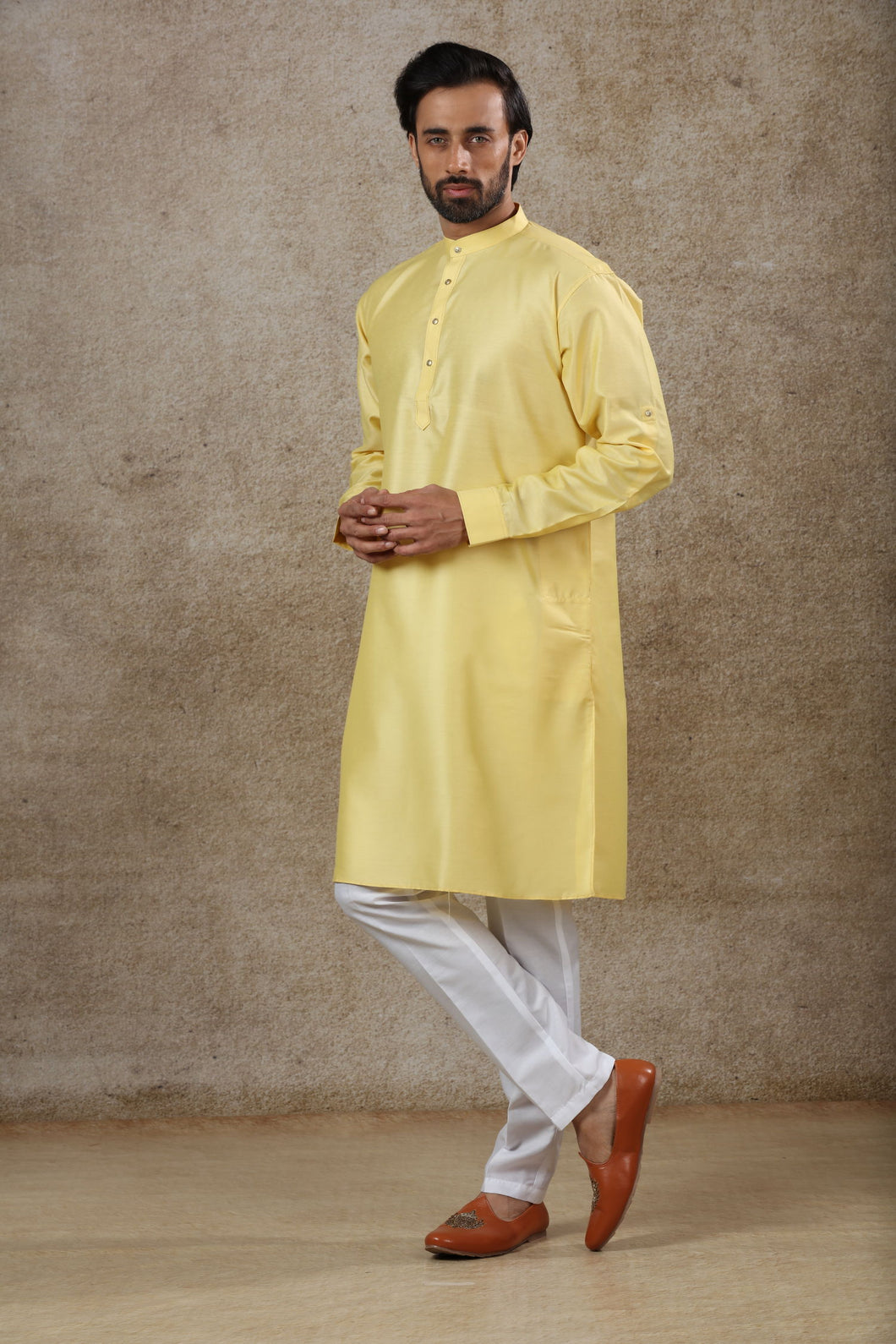 Ajay Arvindbhai Khatri Men's Yellow Colour Kurta & White Color Pyjama Set