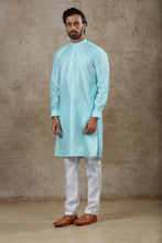 Load image into Gallery viewer, Ajay Arvindbhai Khatri Men&#39;s Sky Blue Colour Kurta &amp; White Color Pyjama Set
