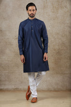 Load image into Gallery viewer, Ajay Arvindbhai Khatri Men&#39;s Navy Blue Colour Kurta &amp; White Color Pyjama Set
