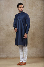 Load image into Gallery viewer, Ajay Arvindbhai Khatri Men&#39;s Navy Blue Colour Kurta &amp; White Color Pyjama Set
