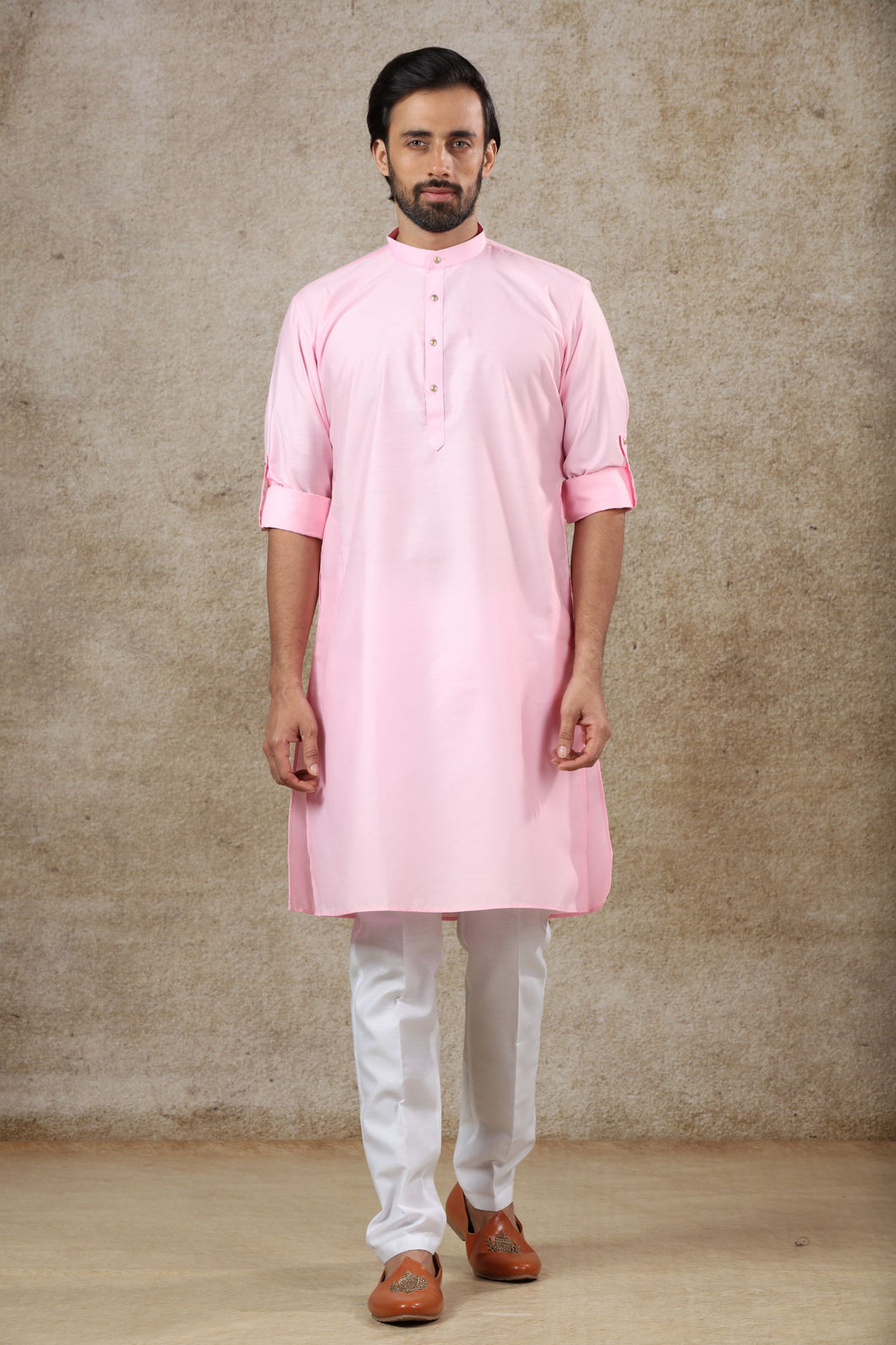 Ajay Arvindbhai Khatri Men's Pink Colour Kurta & White Color Pyjama Set