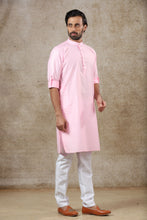 Load image into Gallery viewer, Ajay Arvindbhai Khatri Men&#39;s Pink Colour Kurta &amp; White Color Pyjama Set
